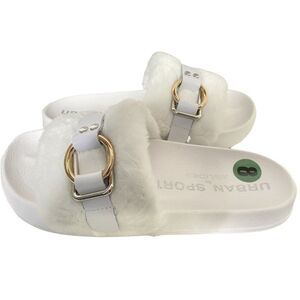 Urban Sport by J/Slides Womens 9M Gold Buckle White Faux Fur Slides Sandal NEW